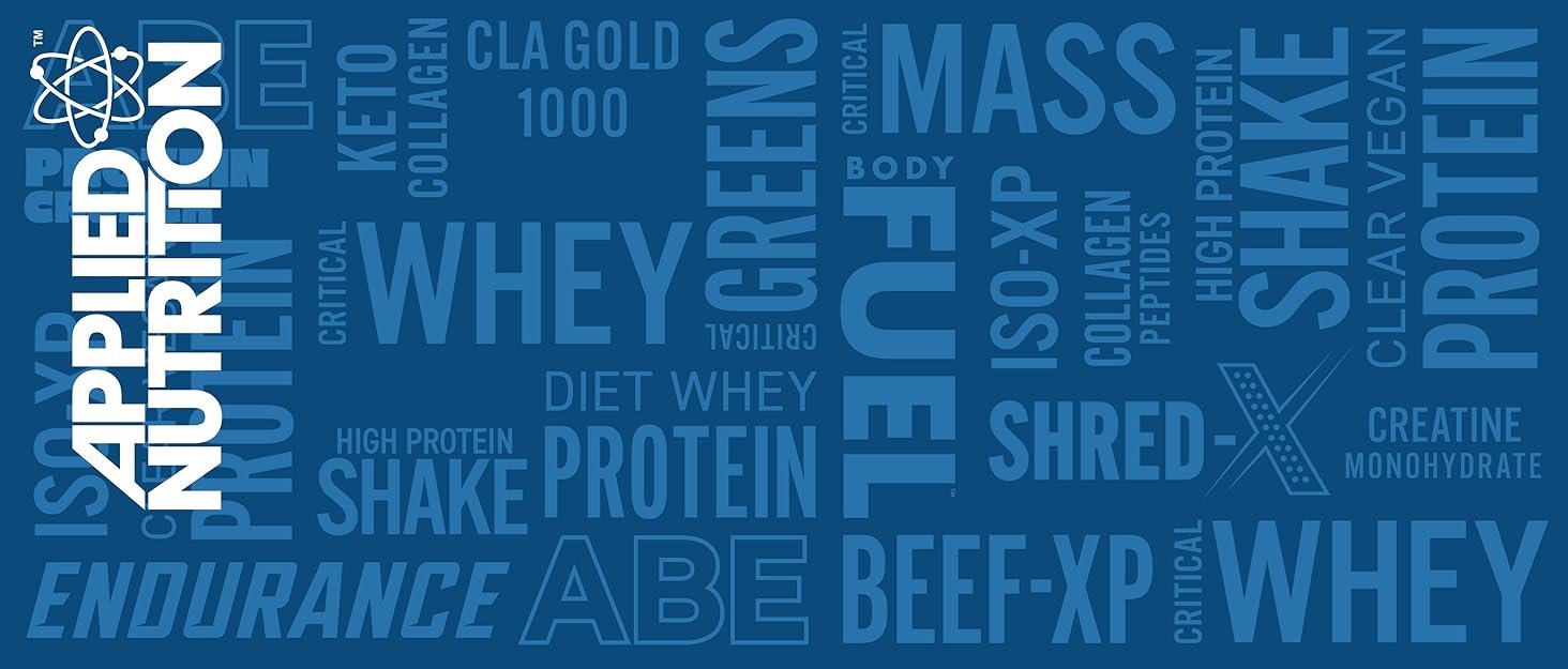 Applied nutrition logo on blue background with product names like critical whey ABE bodyfuel